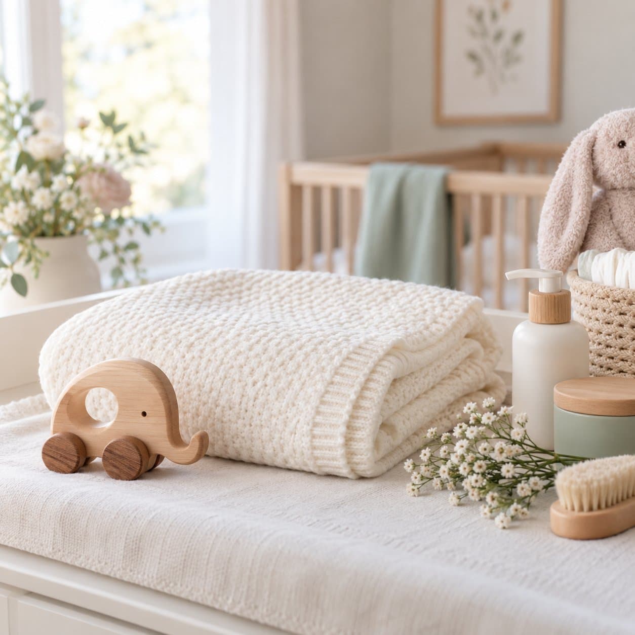 A folded baby blanket and wooden toy in a bright nursery