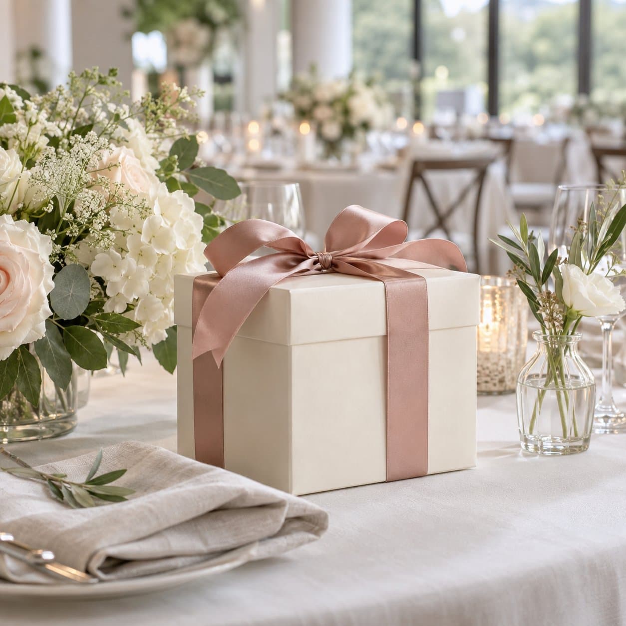 An ivory gift with a rose ribbon on a wedding reception table